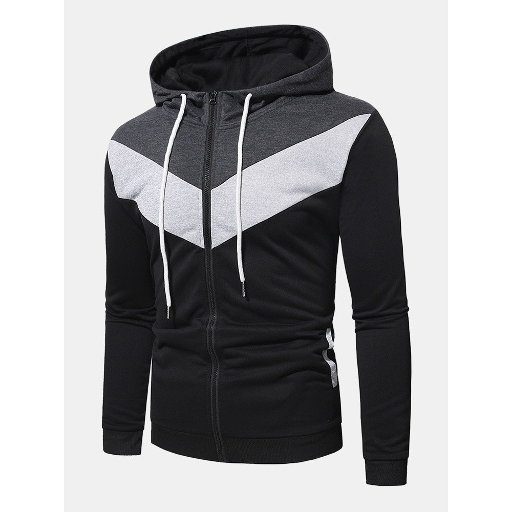 Men Zip Hoodies Patchwork Color Block Pockets Hooded Sweatshirt - Black M