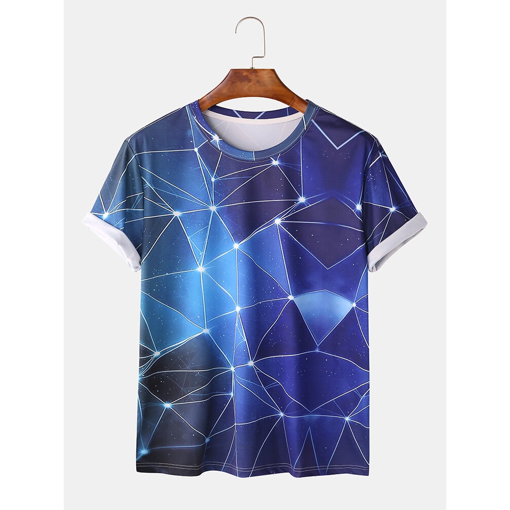 Men Fashion Geometric Galaxy Print Crew Neck Short Sleeve T-Shirts - Blue S
