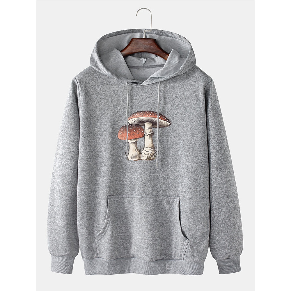 Mens Cartoon Mushroom Print Community Spirit Drawstring Pullover Hoodies - Black M