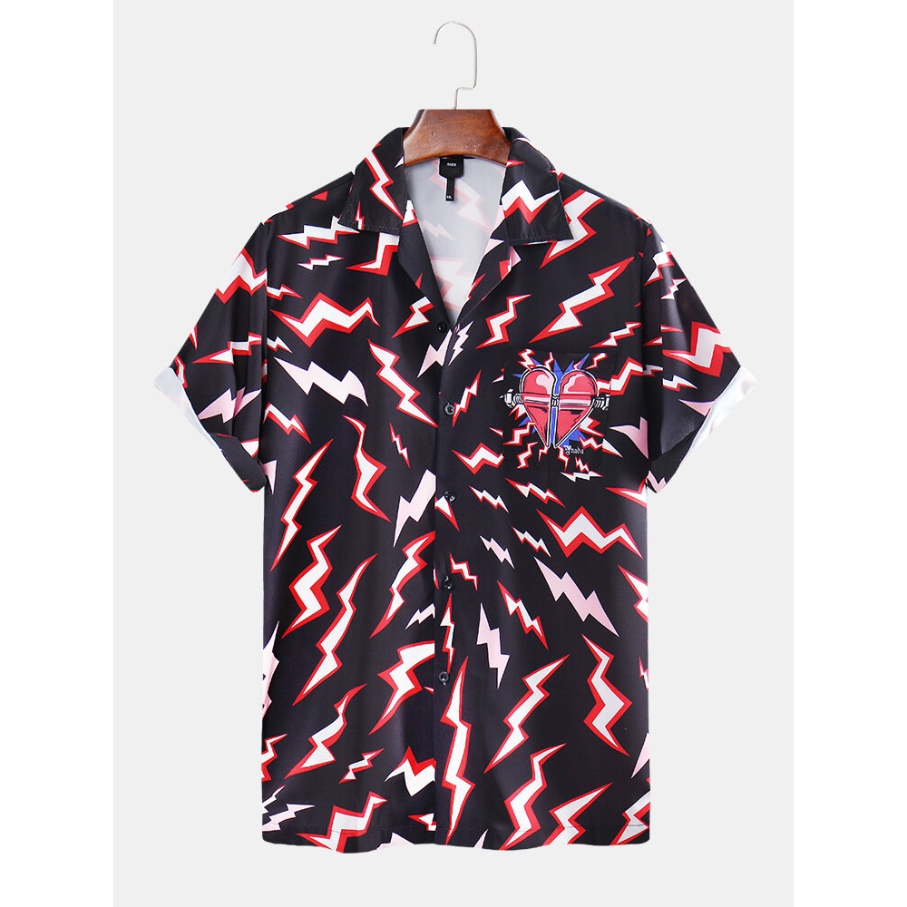 Mens Fashion Printing Breathable Turn Down Collar Casual Shirts - S Black