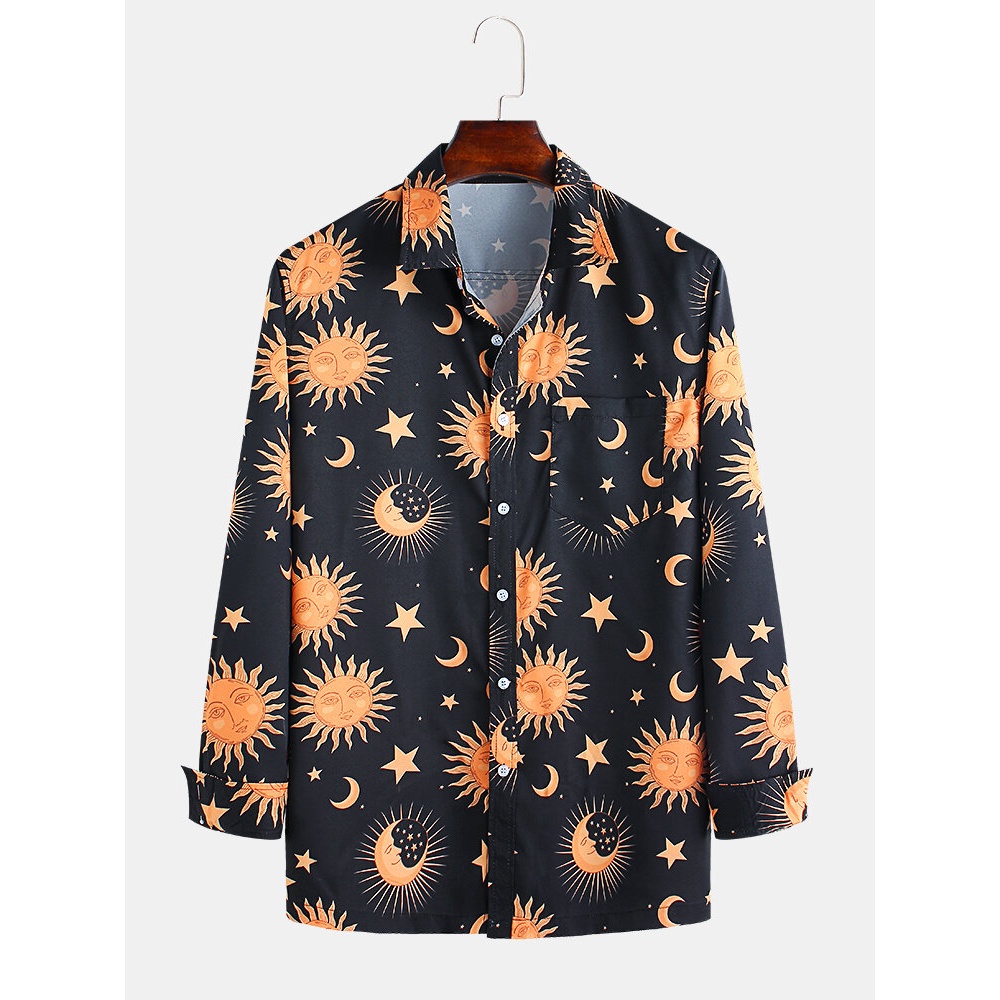 Mens Autumn Star Moon Printing Long Sleeve Casual Shirts - 2XL Black