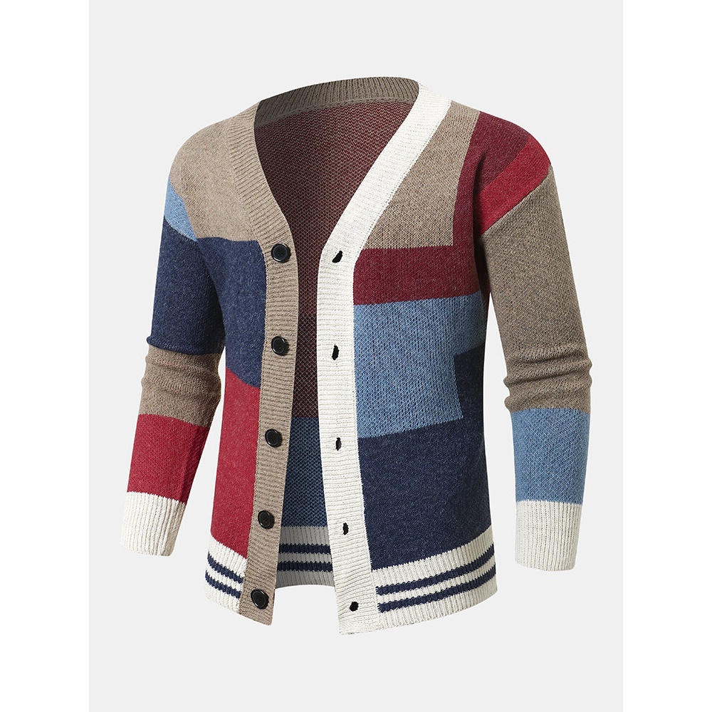 Men Knitted Patchwork Color Block Button V-neck Casual Sweaters - Blue red L