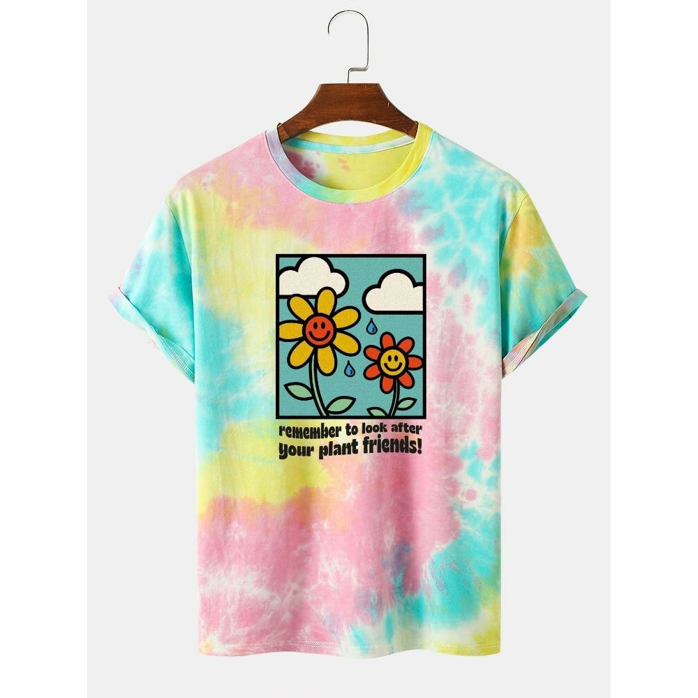 Mens Cotton Cute Flower Pattern Tie Dye Short Sleeve T-Shirts - Pink XL