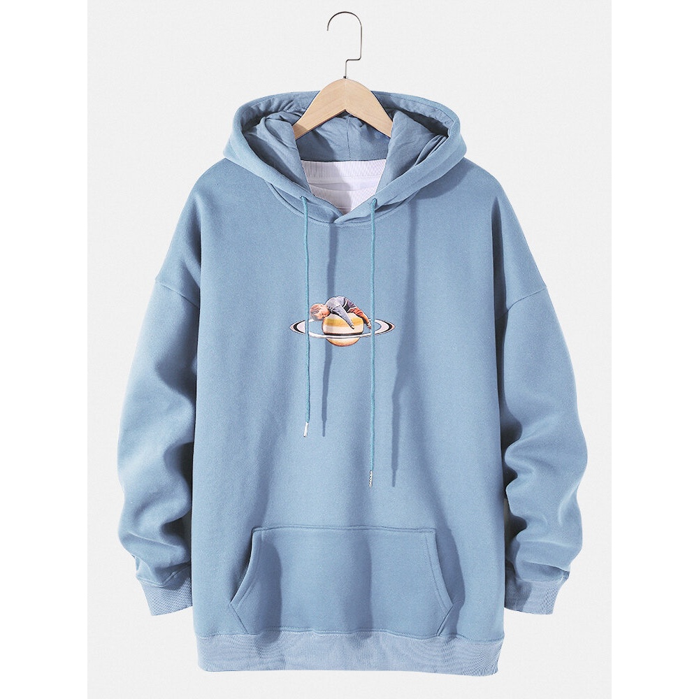 Mens Boy & Planet Print Drop Shoulder Cotton Hoodies With Pouch Pocket - M Blue