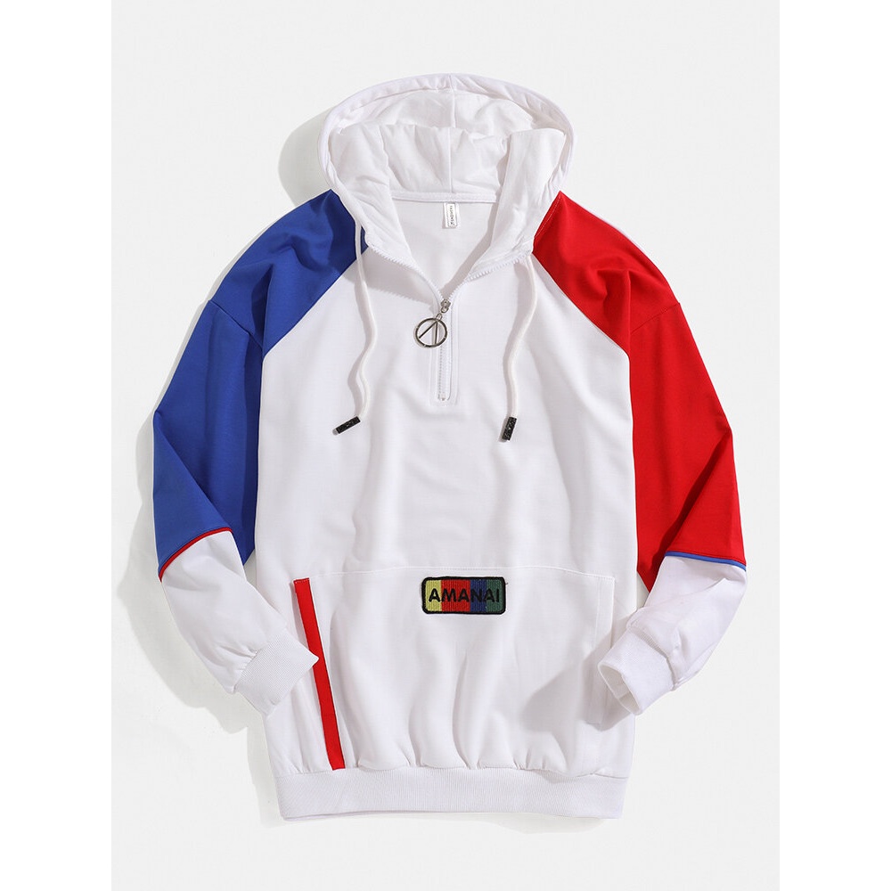 Mens Letter Embroidery Contrasting Colors Patchwork Drop Shoulder Hoodies - Black M