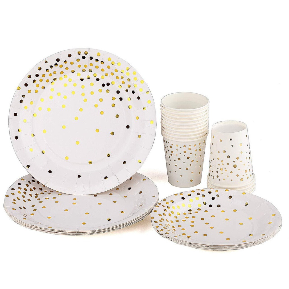 300Pcs Disposable Paper Dinner Dessert Plates Cups Napkins Balloons Straws Set - Gold - Image 2