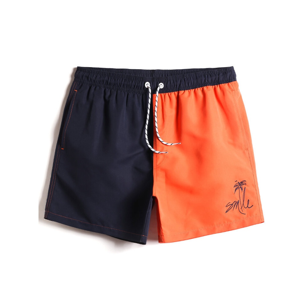 Mens Contrast Color Patchwork Quick Dry Drawstring Waist Thin Beach Board Shorts - Black 2XL