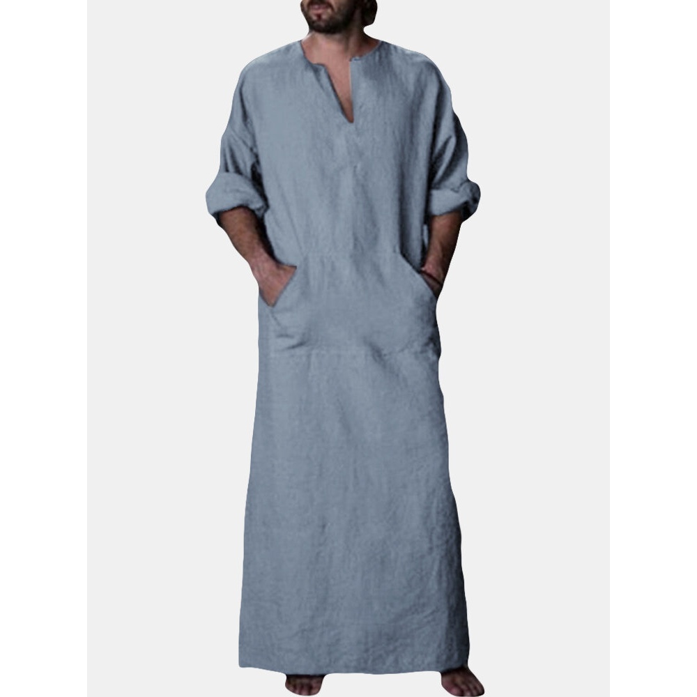 INCERUN Vintage Loose Comfy Cotton Kaftan Tops Plue Size Long Robe Loungewear Tunics for Men - S Blue