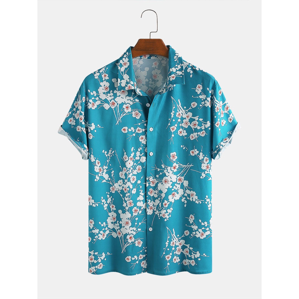 Fashion Plum Blossom Printing Breathable Short Sleeve Casual Shirts - Lake Blue XL