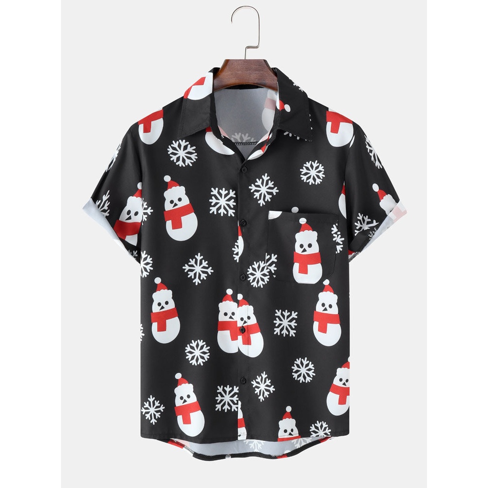Men  Snow Man Snow Digital Printed Casual Short Shirts - Black M