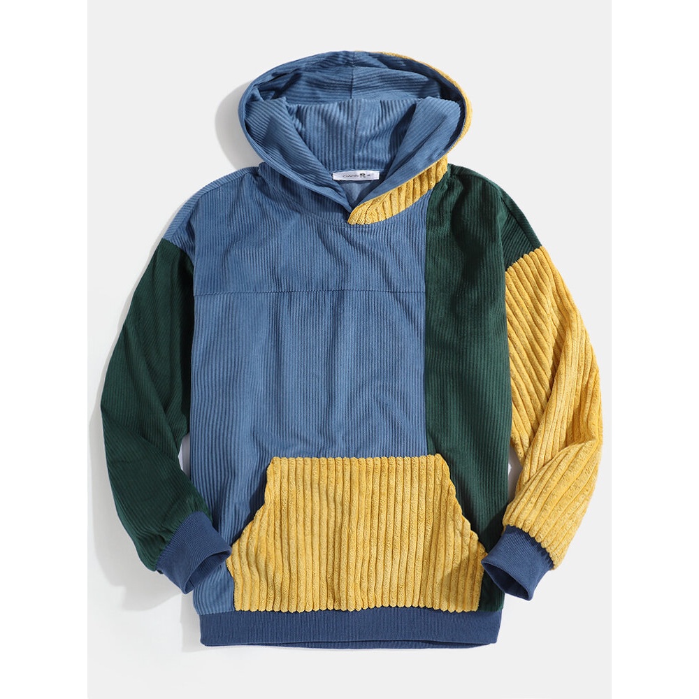Mens Vintage Corduroy Color Block Stitching Kangaroo Pocket Hoodies - S Blue
