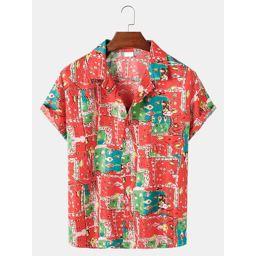 Mens Abstract Print Casual Loose Light Revere Collar Short Sleeve Shirts - Red L