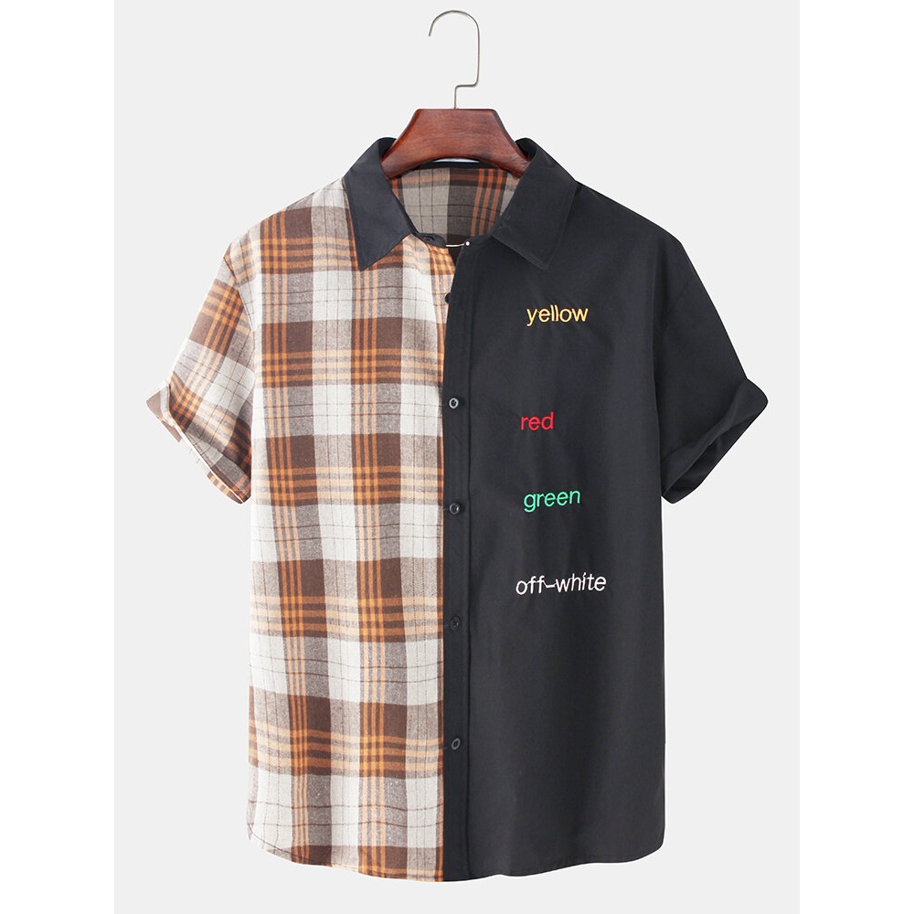 Mens Text Embroidery Plaid Patchwork Cotton Short Sleeve Casual Shirts - Navy M