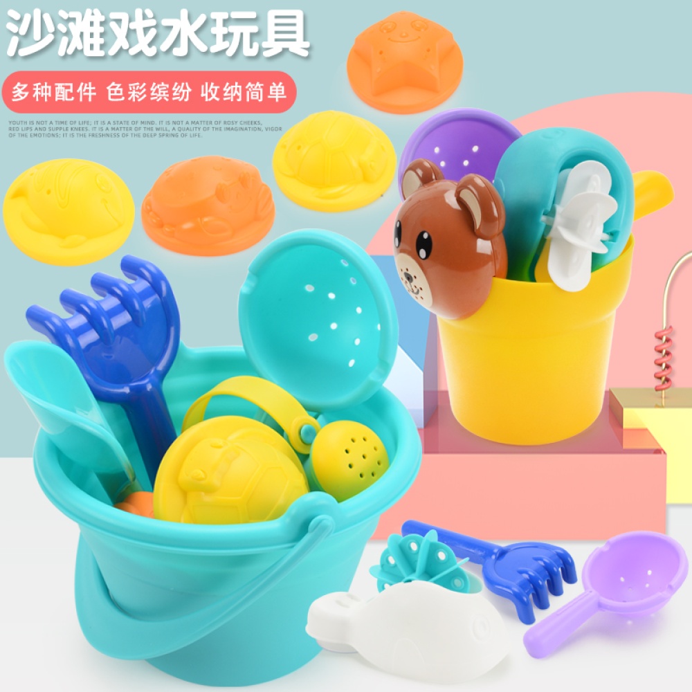 Soft Silicone Beach Toys for Children SandBox Set Kit Bucket Shovel Kettle 4 piece set (bear pot) - Image 2