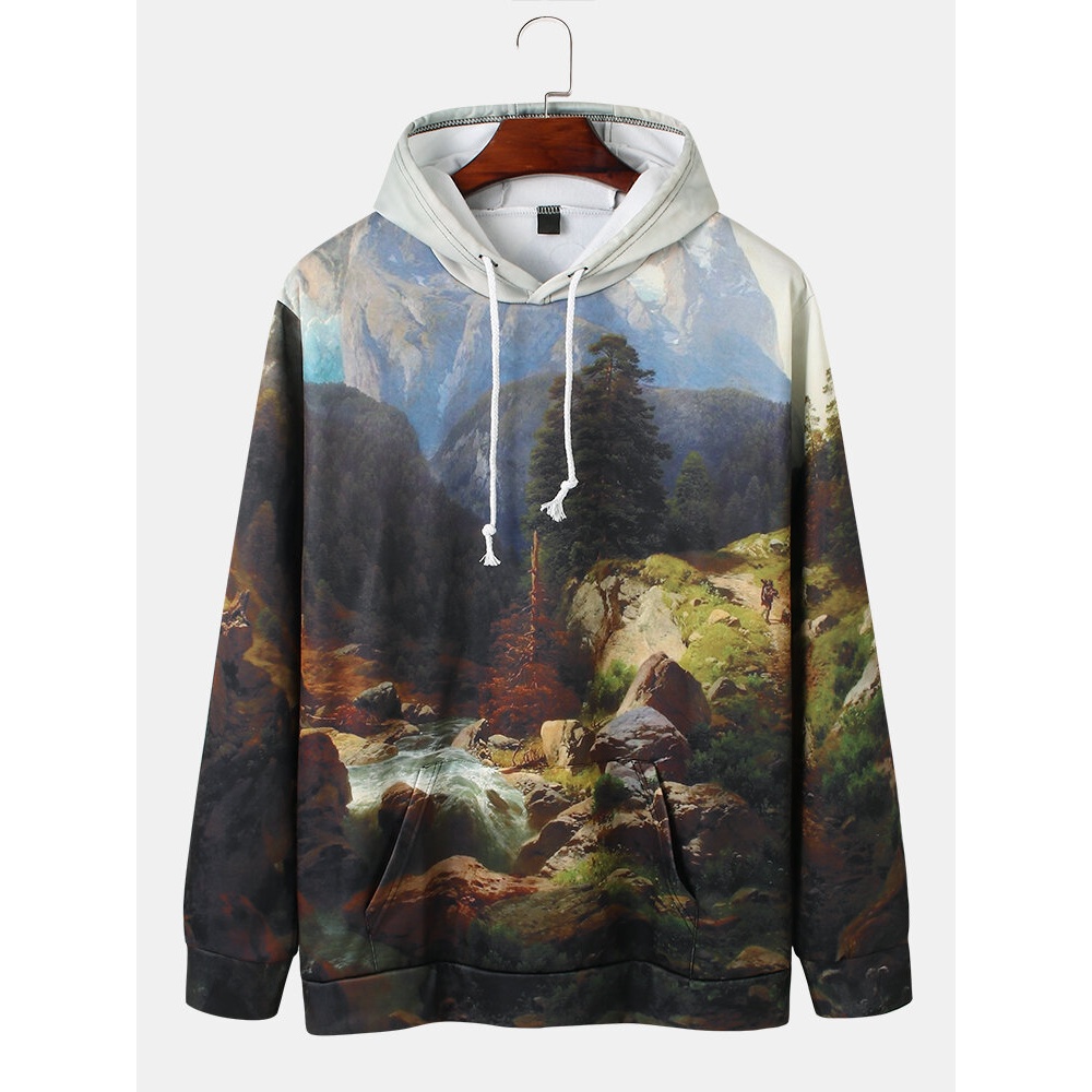 Mens Forest Landscape Print Warm Drawstring Hoodies With Pocket - Multicolor M