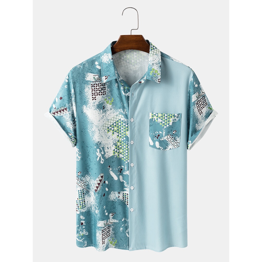 Mens Patchwork Double Patterns Mix Print Short Sleeve Casual Shirts - Blue S