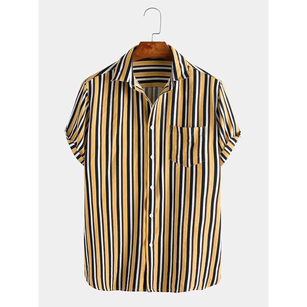 Men Stripe Chest Pocket Summer Short Sleeve Lapel Shirts - M Blue