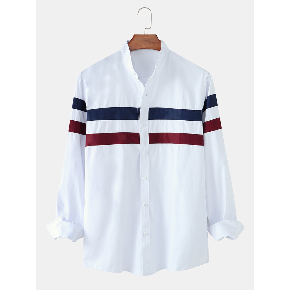 Mens Contrast Striped Stand Collar Button Long Sleeve Casual Shirt - White L