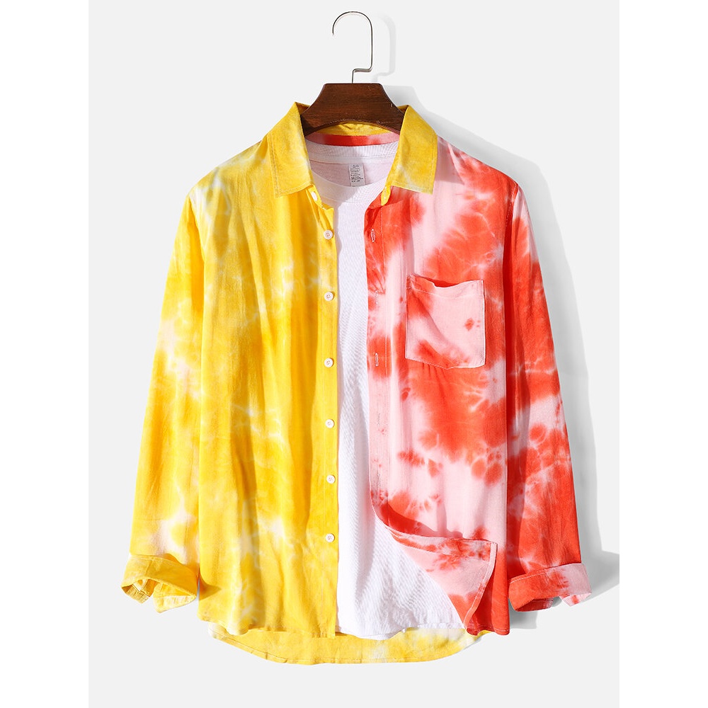 Mens Tie Dye Print Patchwork 100% Cotton Street Long Sleeve Shirts - Yellow S