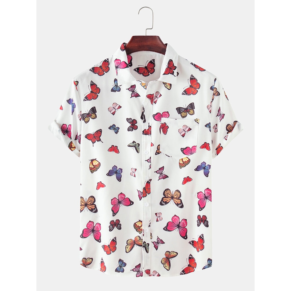 Colorful Butterfly Print Chest Pocket Short Sleeve Beach Holiday Casual Shirts - White M