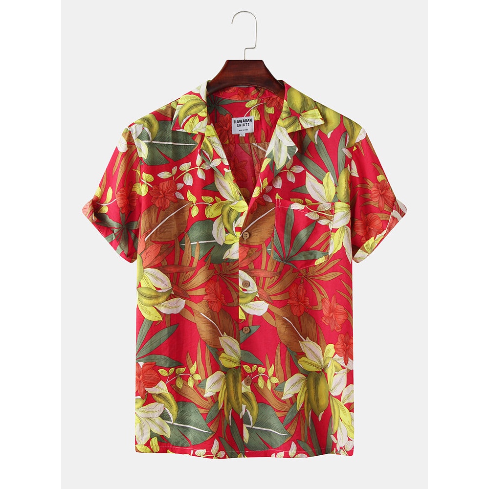 Men Cotton Floral Print Turn Down Collar Pocket Short Sleeve Hawaii Beach Shirts - Black L