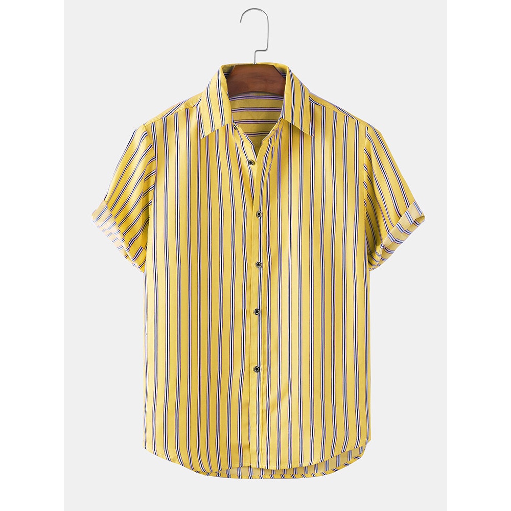 Casual Mens Vertical Stripes Lapel Collar Holiday Short Sleeve Shirts - Blue 2XL