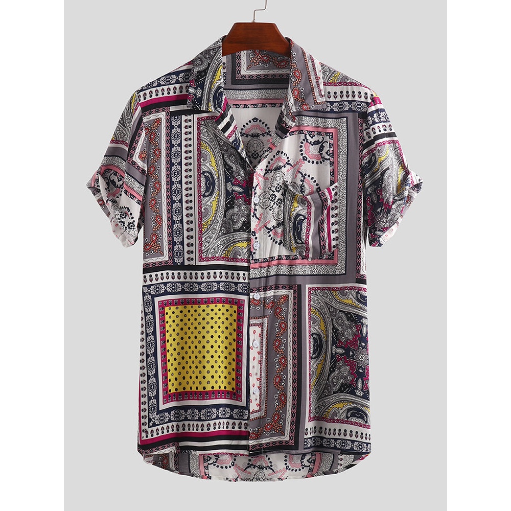 Mens Vintage Ethnic Style Pattern Summer Loose Casual Printed Shirts - 2XL Green