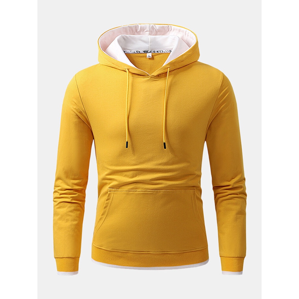 Mens Solid Color Kangaroo Pocket Long Sleeve Simple Hoodies - White M