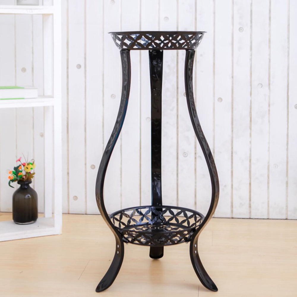 2 Layers Plants Flower Stand Rack Metal Floor Shelf Home Balcony Decor - Black - Image 2