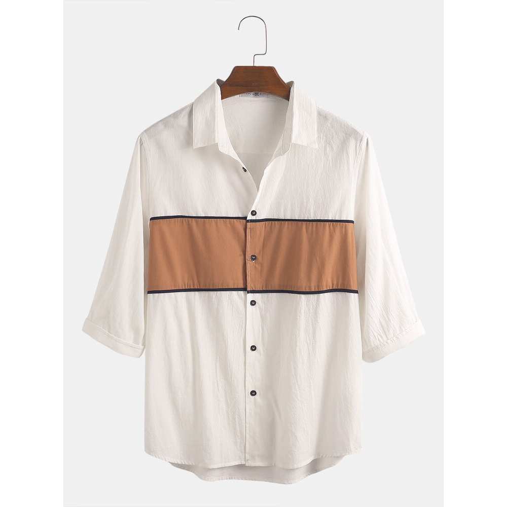 Mens 100% Cotton Patchwork Turn Down Collar Mid Sleeve Shirts - White M