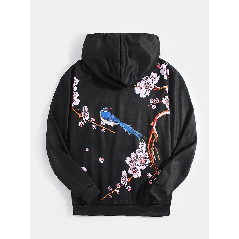 Mens Peach Blossom & Bird Back Pattern Pocket Black Chinerse Style Hoodies - Black L