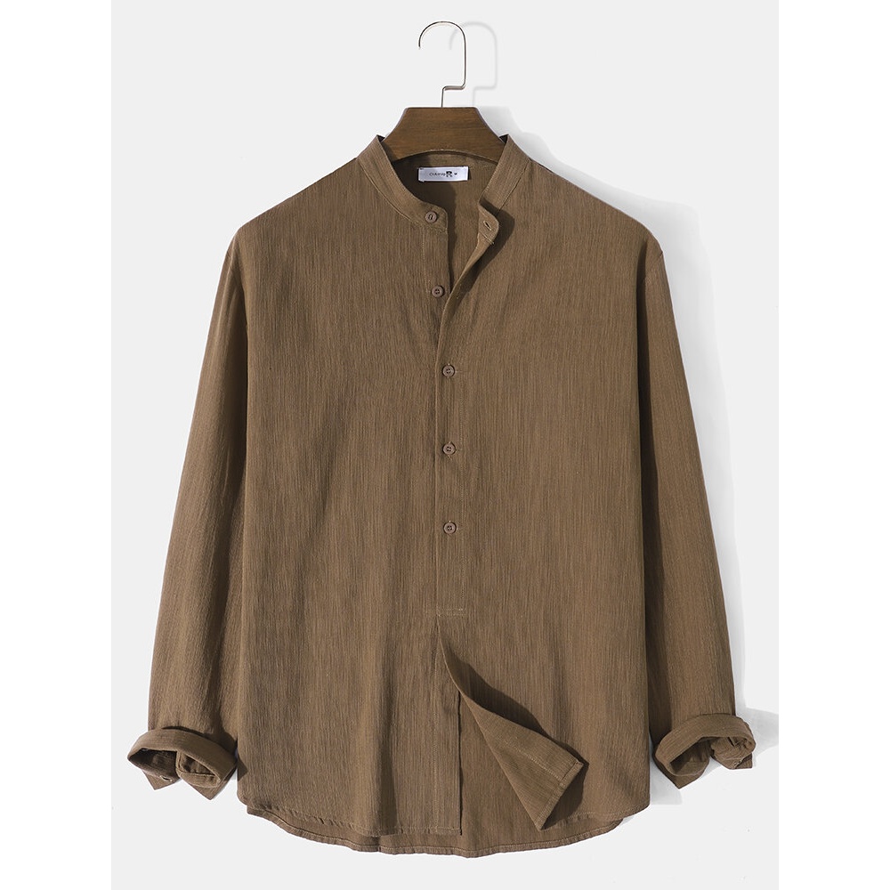 Men Pure Basic Buttons Bottom Slit Long Sleeve Casual Shirts - Coffee S