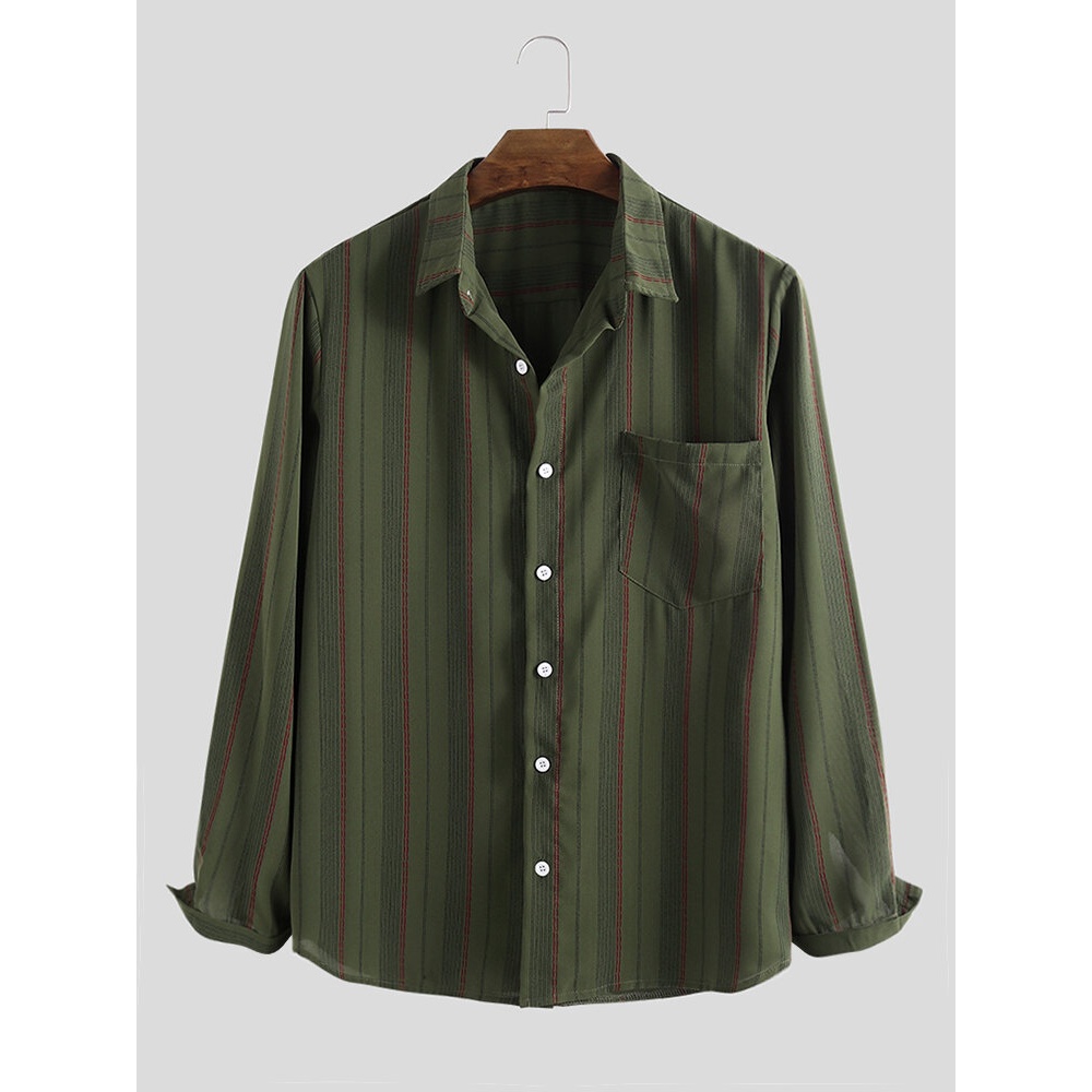 Mens Stripe Printed Chest Pocket Casual Long Sleeve Lapel Shirts - M Green