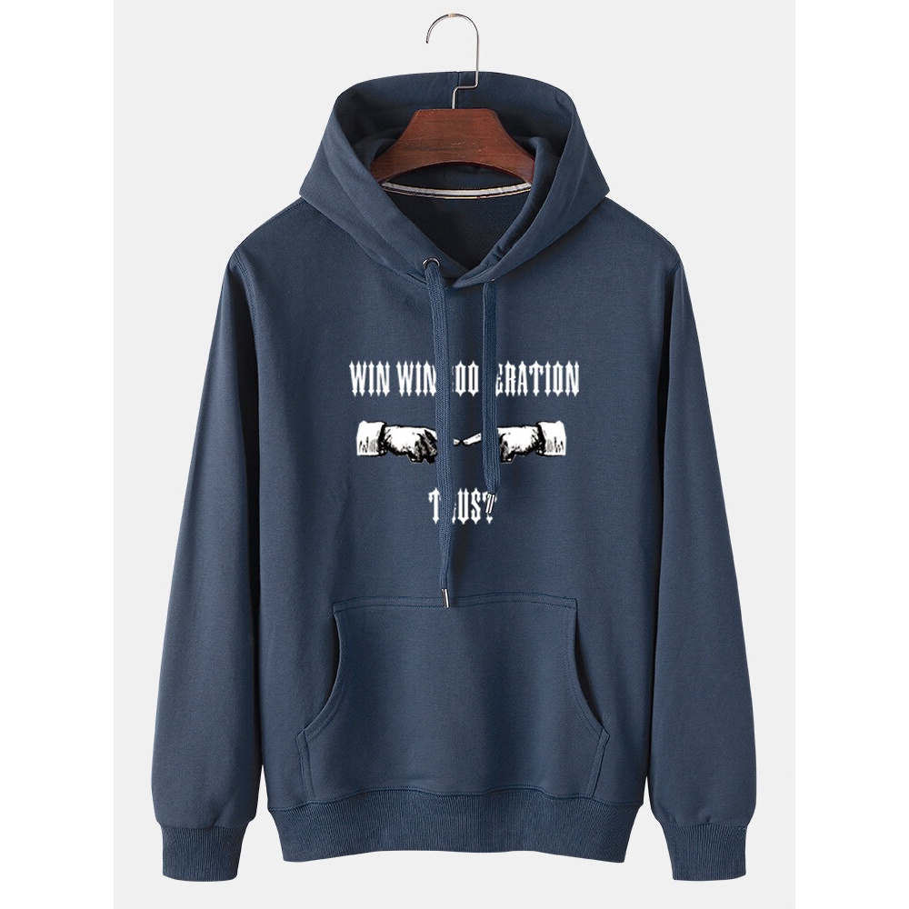 Mens Letter& Gesture Print Kangaroo Pocket Fleece Lined Hoodies - Grey S