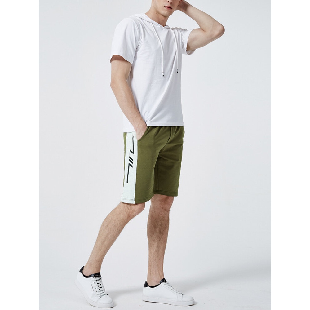 Men Hooded Shorts Sleeve Elastic Waist Drawstring Shorts Casual Suit Two Pieces - Black XS