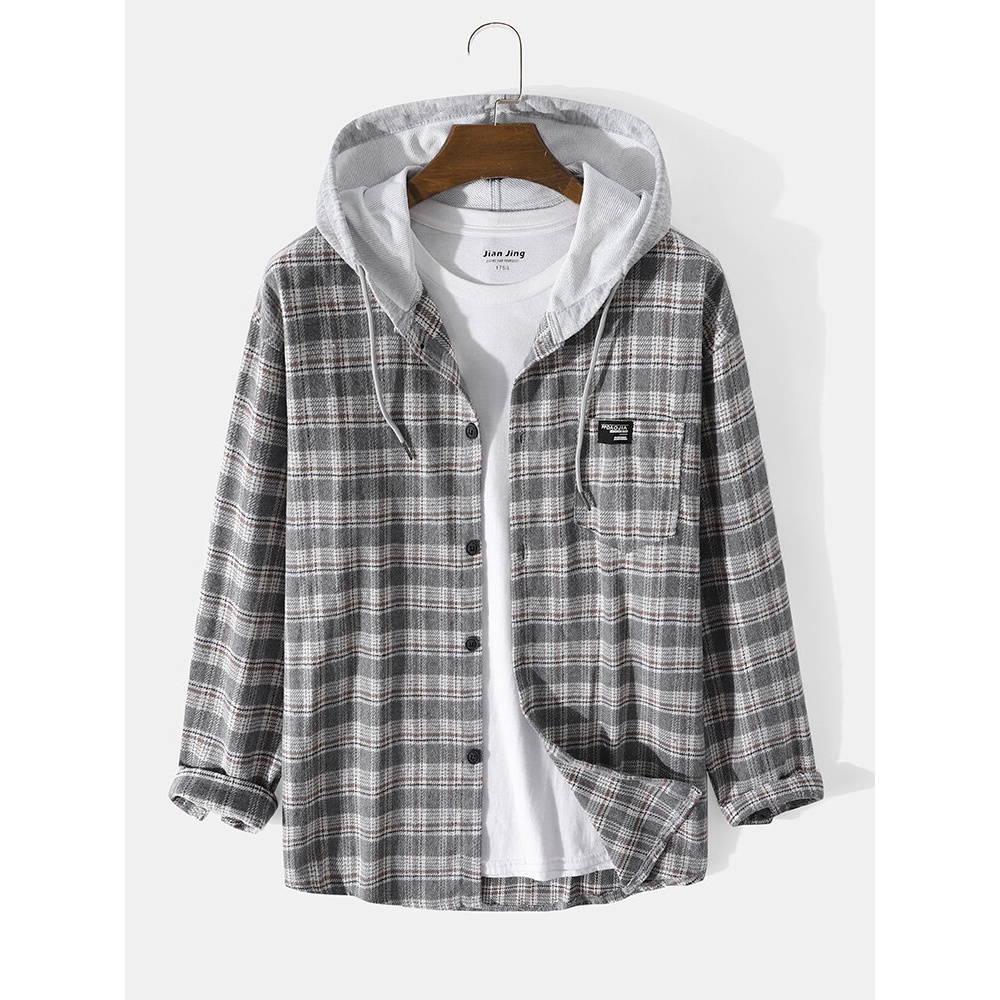 Mens Cotton Plaid Patchwork Casual Button Hooded Shirt - Black M