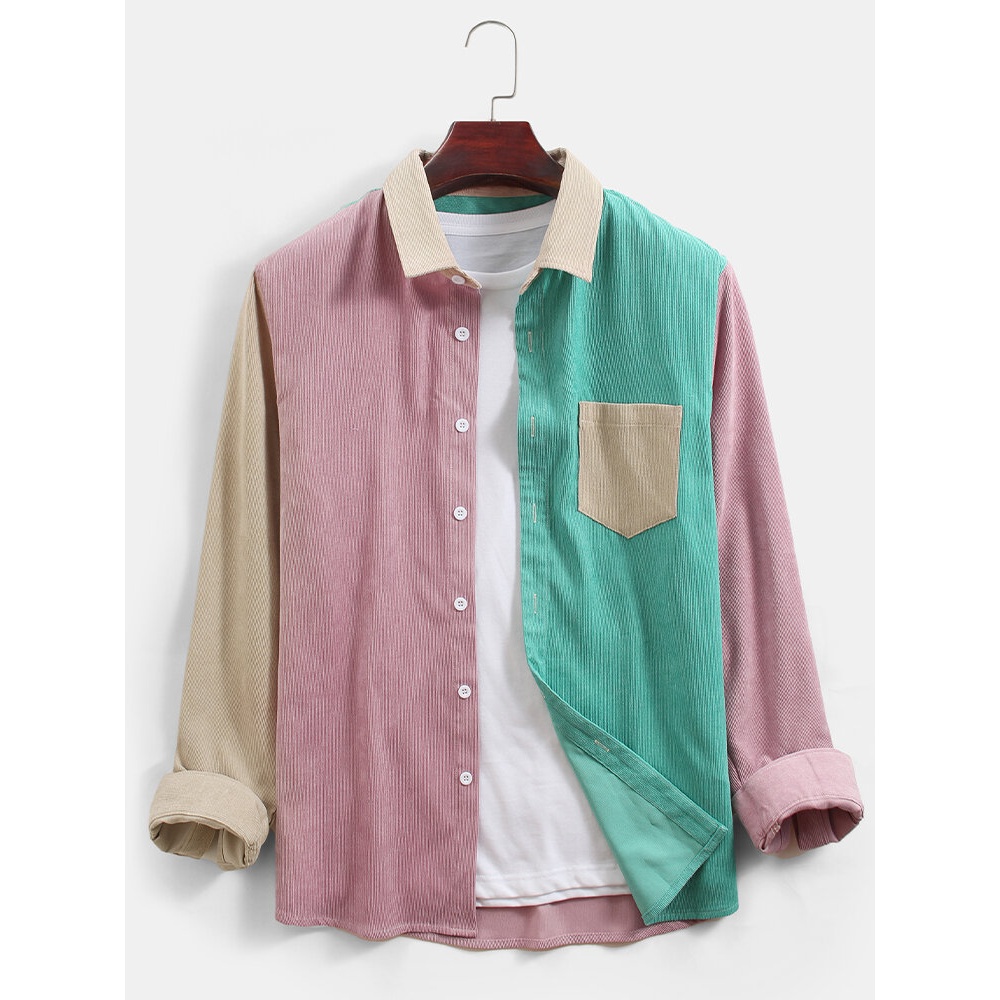 Mens Corduroy Colorblock Patchwork Casual Long Sleeve Shirts With Pocket - Green S