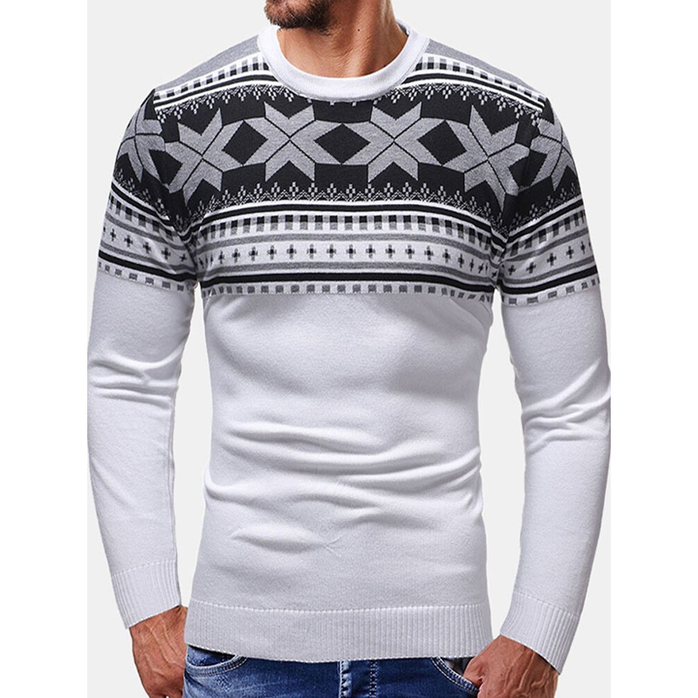 Men's  Snowflake Printing Patchwork Sweaters - L White