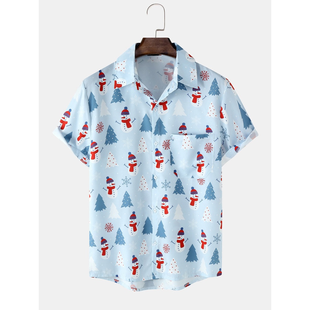 Men  Snow Man Digital Printed Chest Pocket Casual Short Shirts - Blue M