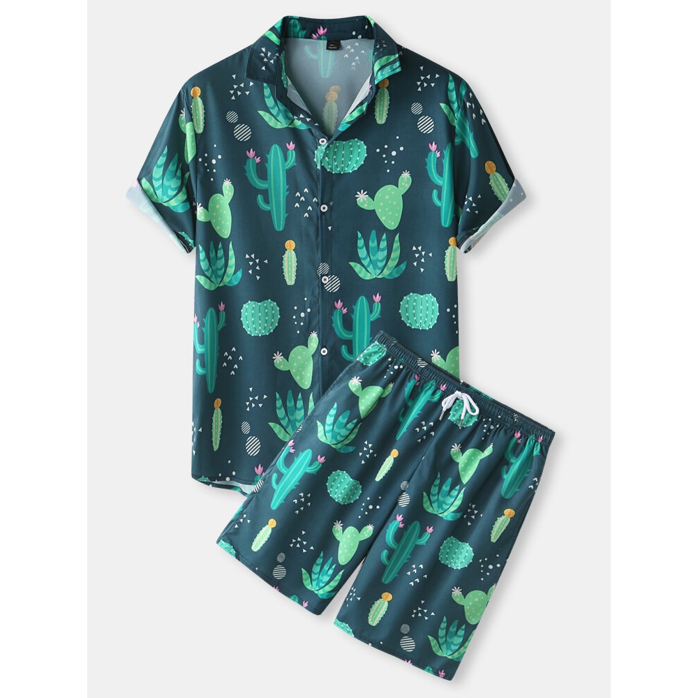 Mens Cactus Plant Print Lapel Drawstring Shorts Holiday Two Pieces Outfits - Black M
