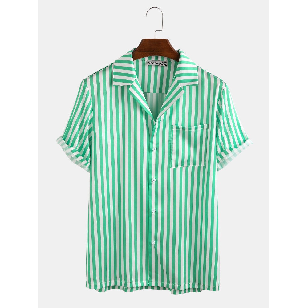 Satin Stripe Chest Pocket Short Sleeve Party Casual Holiday Revere Shirts - L Green
