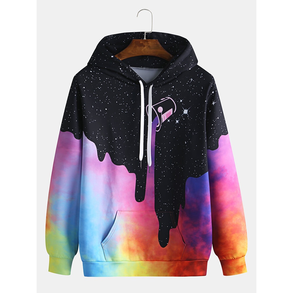 Mens Starry Sky Pattern Tie Dye Kangaroo Pocket Long Sleeve Casual Hoodies - Multicolor S
