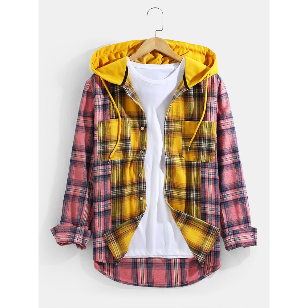 Mens Plaid Patchwork Button Up Long Sleeve Hooded Shirts With Double Pocket - Yellow S