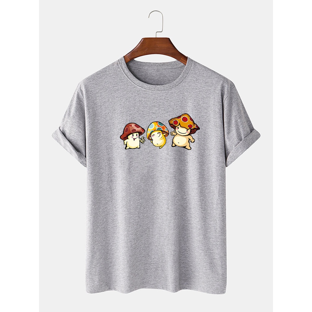 Mens 100% Cotton Cartoon Mushroom Print Short Sleeve T-Shirt - Black S
