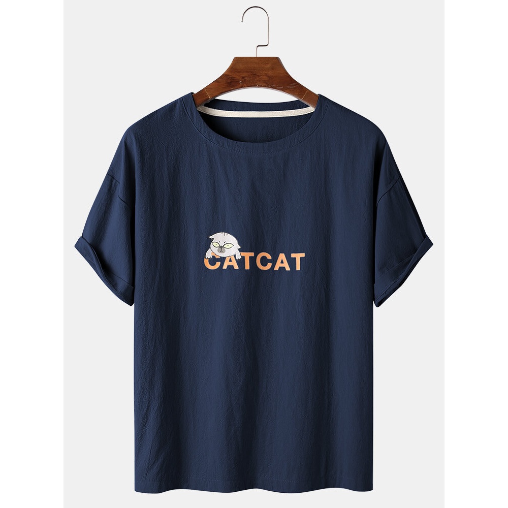 Mens Cartoon Cat Print Solid Color Breathable Loose Round Neck T-Shirts - White S