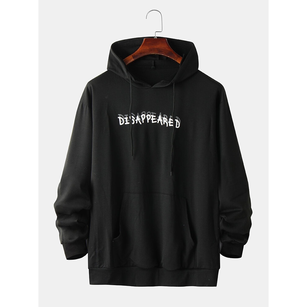 Mens 100% Cotton Letter Graffiti Back Print Kangaroo Pocket Drawstring Hoodies - Black XL