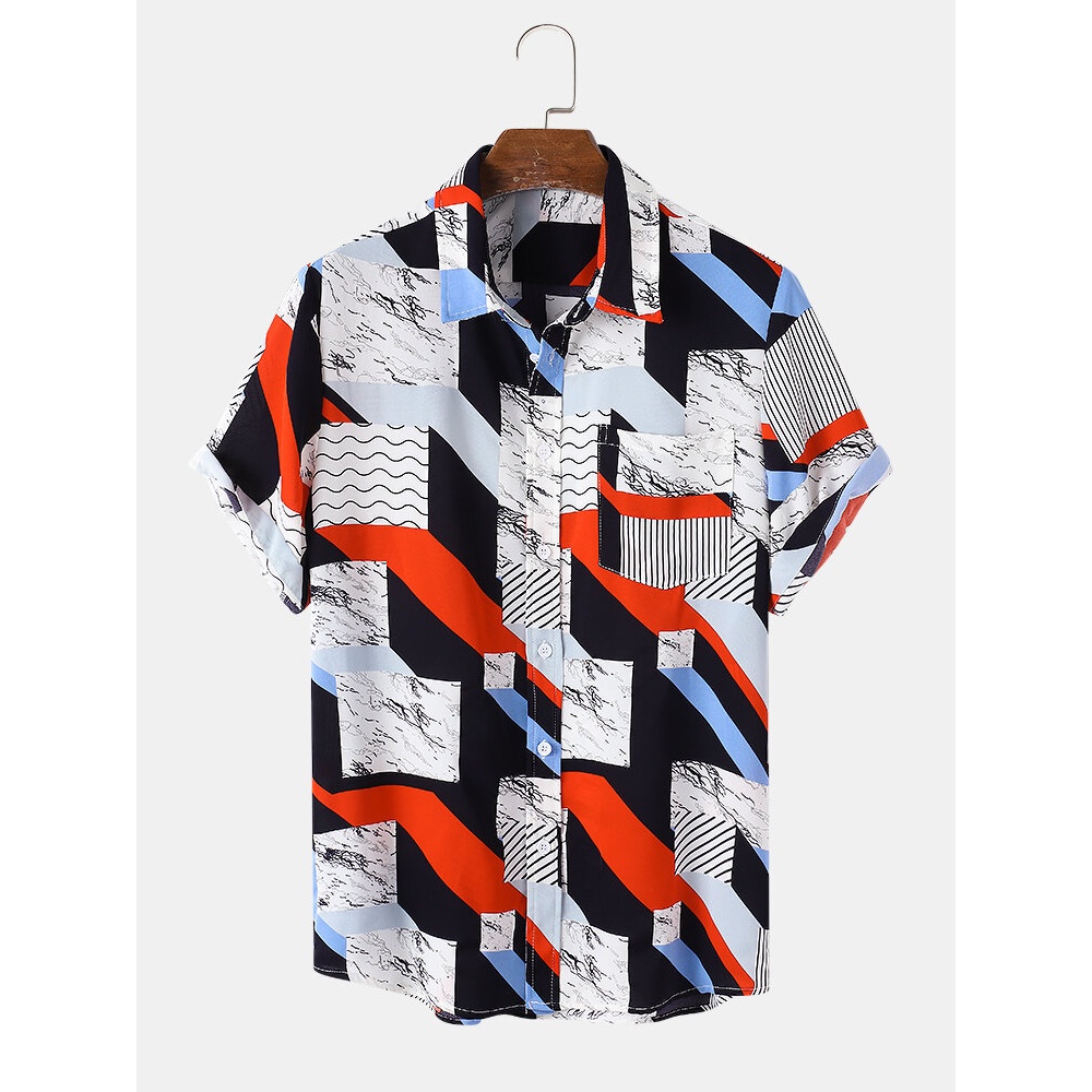 Mens Geometry Print Lapel Short Sleeve Holiday Casual Shirts - Green S