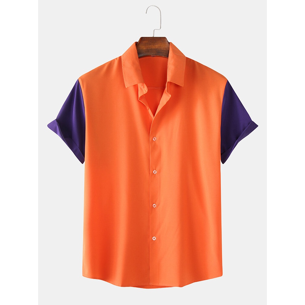 Men Casual Contrast Color Patchwork Turn Down Collar Short Sleeve Breathable Shirts - Orange S