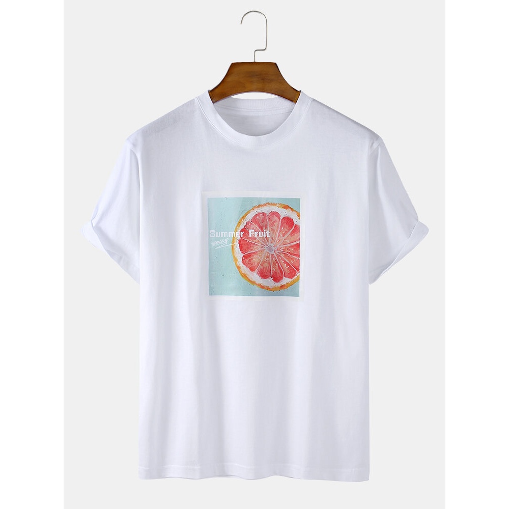 Cotton Grapefruit Print Round Neck Short Sleeve Loose T-Shirts - Yellow L