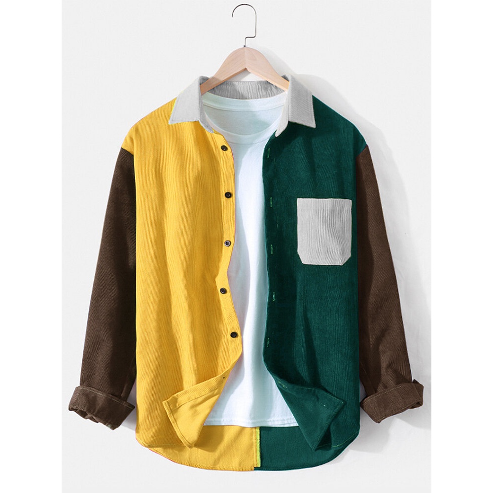 Mens Corduroy Colorblock Patchwork Loose Chest Pocket Long Sleeve Shirts - Red S